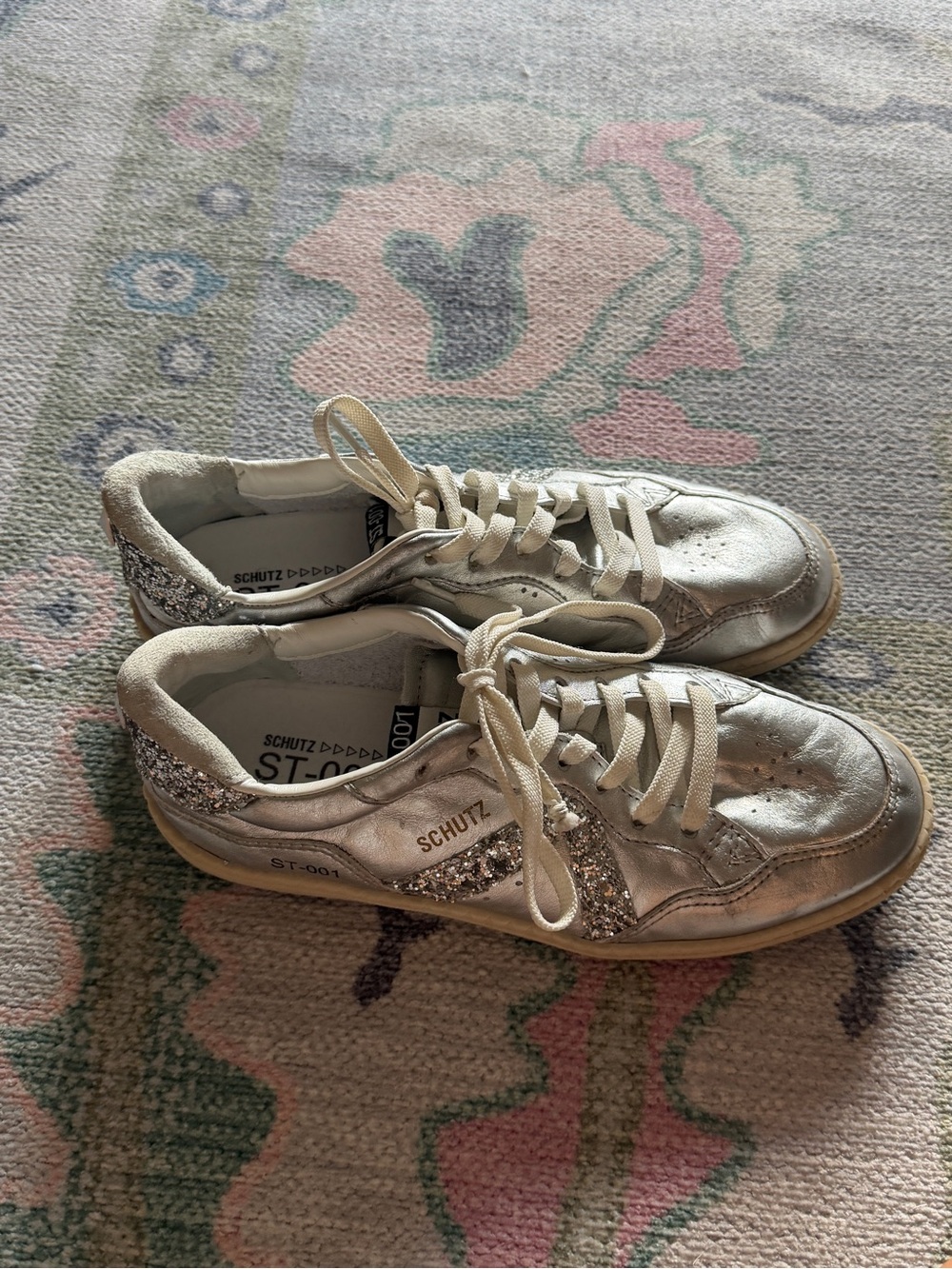 SCHUTZ Silver Metallic & Glitter Lace-Up Sneakers